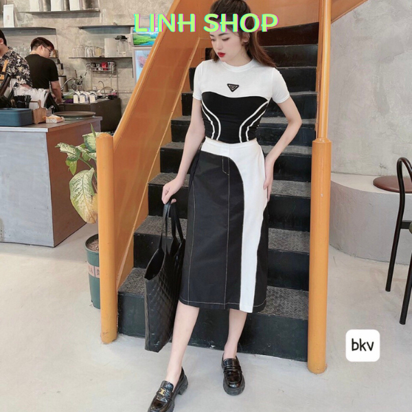 Set Váy Phối Viền Sang Chảnh Cho Nữ, Áo Kiểu Crotop Mix Chân Váy Vạt Chéo, Áo Cotton Phối Màu Đen Trắng