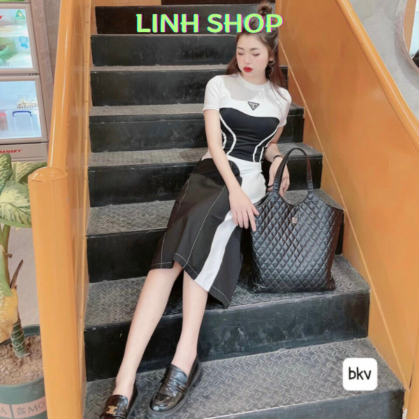 Set Váy Phối Viền Sang Chảnh Cho Nữ, Áo Kiểu Crotop Mix Chân Váy Vạt Chéo, Áo Cotton Phối Màu Đen Trắng