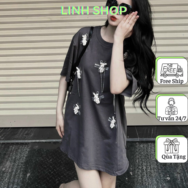 Áo Phông Đính Thỏ Mini Dây Đá, Áo Phông Cho Nữ Mùa Hè, Áo Thun Chất Cotton Tay Lỡ Form Rộng