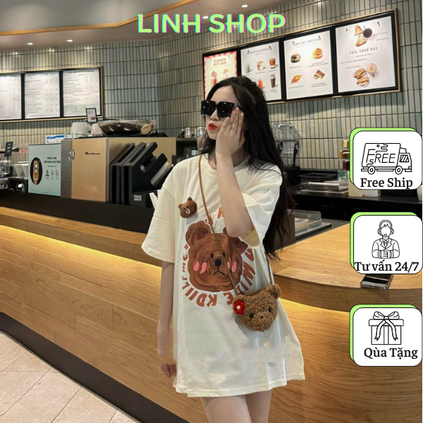 Áo Phông In Gấu Nâu Cute ( Kèm Gấu Bông Nhỏ Và Túi Gấu ), Áo Phông Cho Nữ Mùa Hè, Áo Thun Chất Cotton Tay Lỡ Form Rộng
