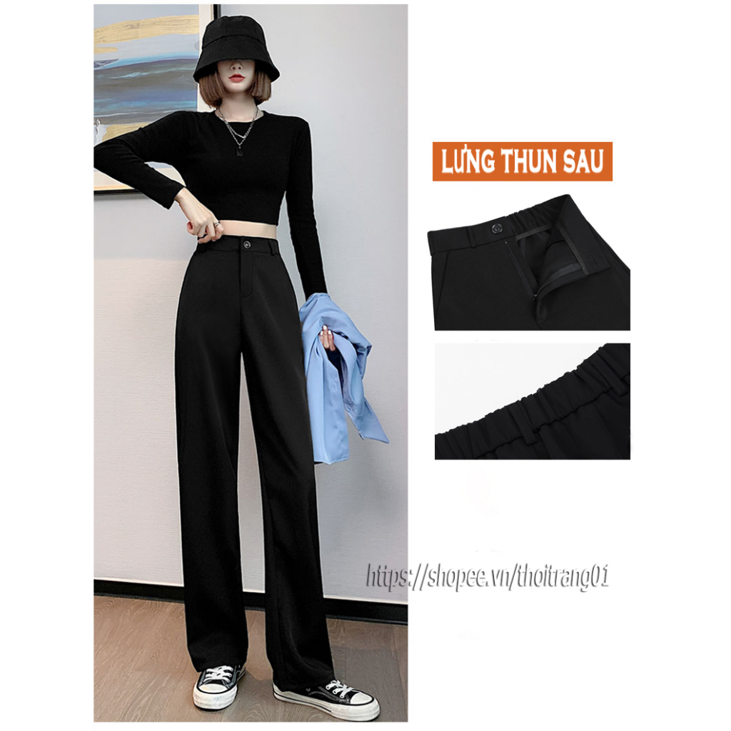 Quần ống rộng suông nữ lưng thun sao quần tây nữ dáng suông bigsize màu đen lưng cao culottes khóa trước co giãn A02