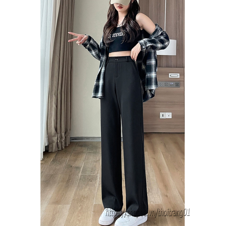 Quần ống rộng suông nữ lưng thun sao quần tây nữ dáng suông bigsize màu đen lưng cao culottes khóa trước co giãn A02