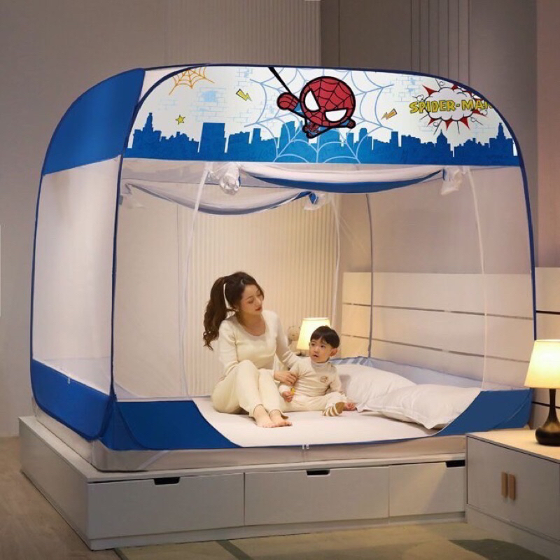 Màn Tự Bung Đỉnh Vuông,Màn Chụp Đỉnh Rộng Khoá Kéo Nhập Khẩu Cao Cấp Hoạ Tiết Siêu Nhân,Gấu, Công Chúa Size 1m6, 1m8,2m2