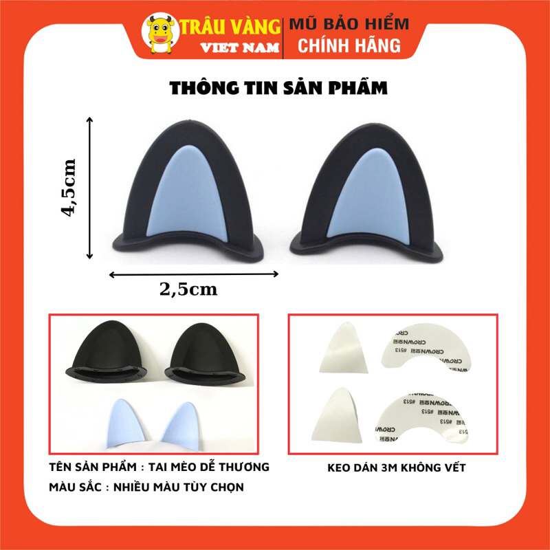 Tai mèo gắn, custom mũ bảo hiểm nửa đầu, 3 phần 4, siêu cute, Trâu Vàng VN