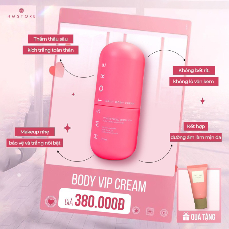 BODY VIP HM STORE TẶNG KÈM KÍCH TRẮNG 20G TRẮNG NHANH SAU 7 NGÀY