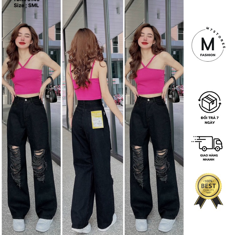 Quần jean nữ ống rộng M7 110 rách gối phong cách Hàn Quốc | BigBuy360 - bigbuy360.vn