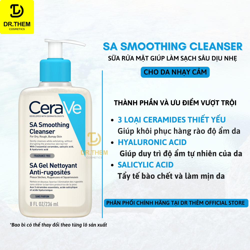 Sữa Rửa Mặt CeraVe SA Smoothing, Hydrating, Foaming Cleanser - Cho Da Dầu Mụn, Khô, Nhạy Cảm 88ml – 236ml – 473ml