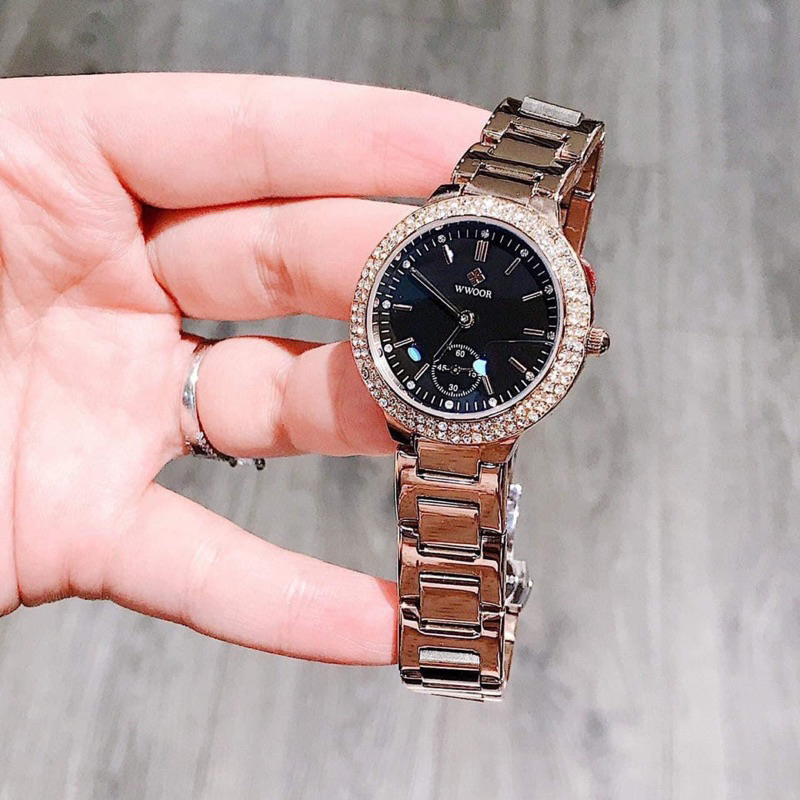 Đồng Hồ Đeo Tay Nữ Dây Kim Loại Thời Trang WWOOR mặt tròn Viền Thép Cao Cấp Siêu Đẹp W 8854