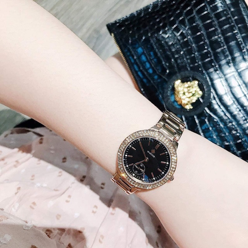 Đồng Hồ Đeo Tay Nữ Dây Kim Loại Thời Trang WWOOR mặt tròn Viền Thép Cao Cấp Siêu Đẹp W 8854