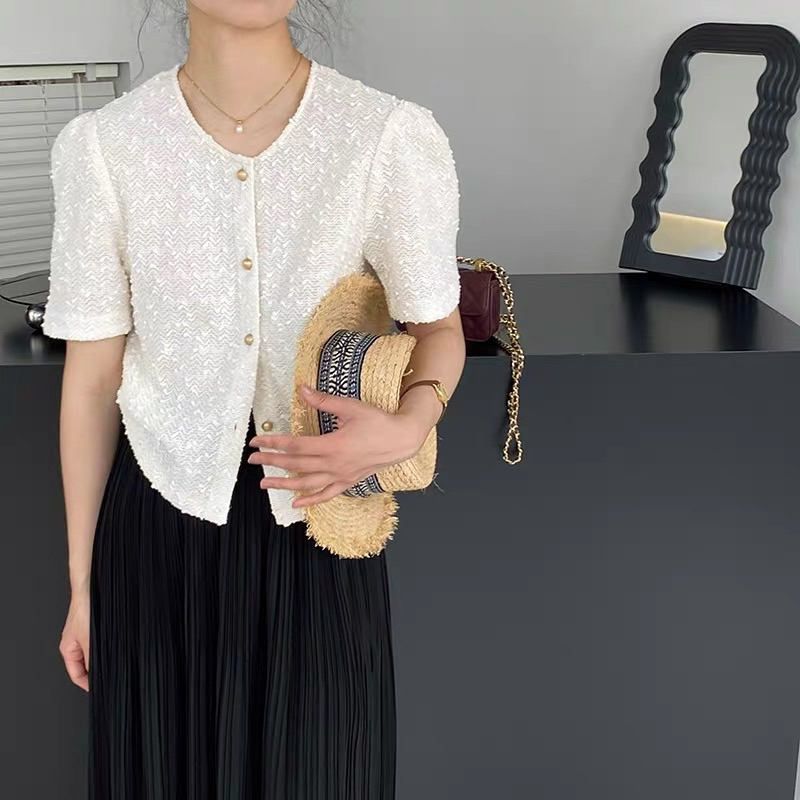 Áo Sơ Mi Kiểu Cổ Tròn Cúc Đồng Mùa Hè Phong Cách Hàn Quốc Vintage