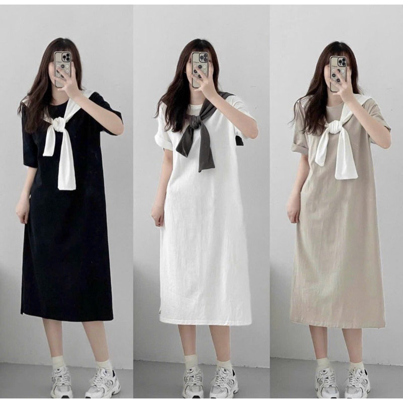 Váy suông tay ngắn dáng dài kèm khăn đầm thun cổ tròn chất thun cotton dáng suông dài (ảnh thật)