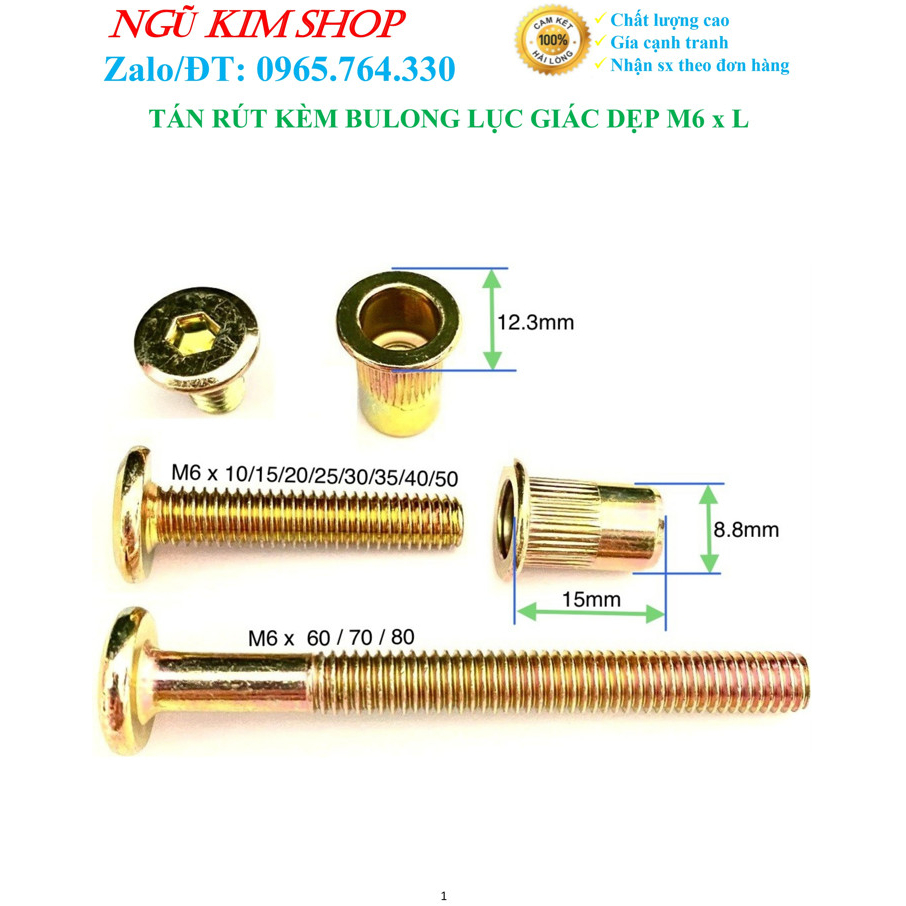 TÁN RÚT KÈM BULONG LỤC GIÁC DẸP M6 x L THEO BỘ