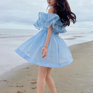 [ Ảnh thật ] Váy trắng tiểu thư trễ vai xoè chun eo thắt dây lưng 4 màu - Đầm trễ vai bèo tầng bồng bềnh 4 màu xinh xỉu