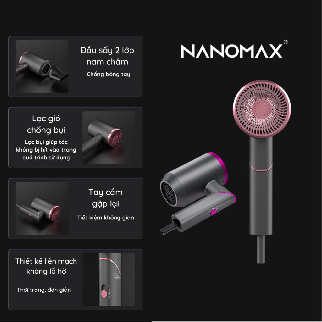 Máy Sấy Tóc Gấp Gọn NANOMAX D091, 2 Chiều Nóng Và Tự Nhiên, Đầu Hít Nam Châm, Ion Âm Ánh Sáng Xanh, 3 Mức Gió, 1800W