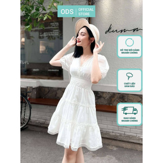Đầm ngắn cổ V trước ODS tùng nhún 3 tầng viền ren, tay ngắn phồng - BM1