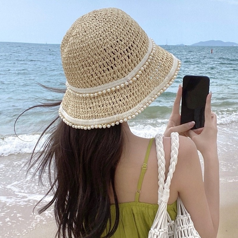 Mũ Cói Móc Tay Viền Ngọc Vành Tròn Chống Nắng Hayna Hats M120