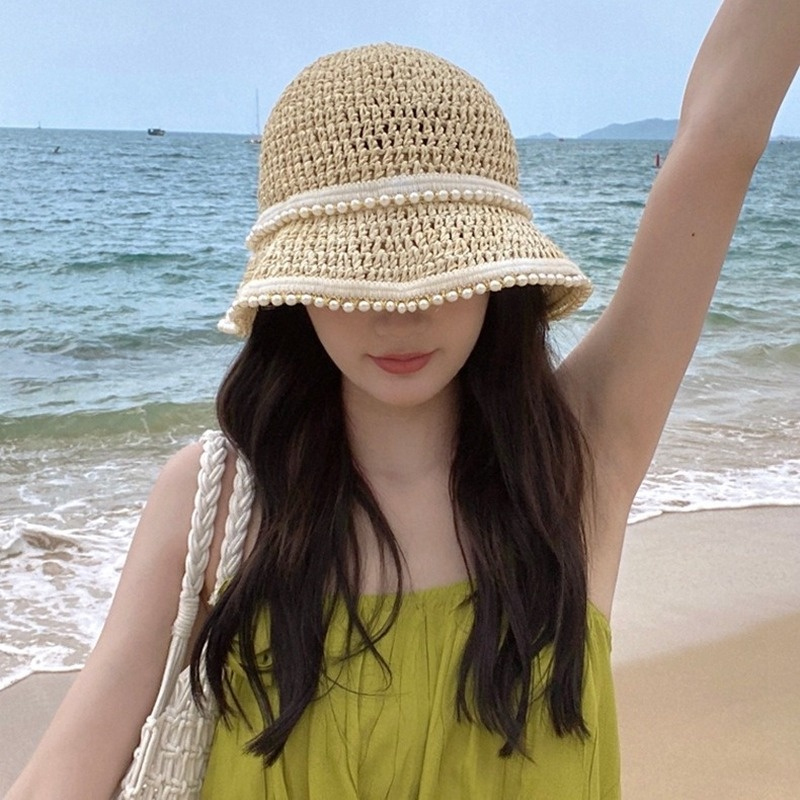 Mũ Cói Móc Tay Viền Ngọc Vành Tròn Chống Nắng Hayna Hats M120
