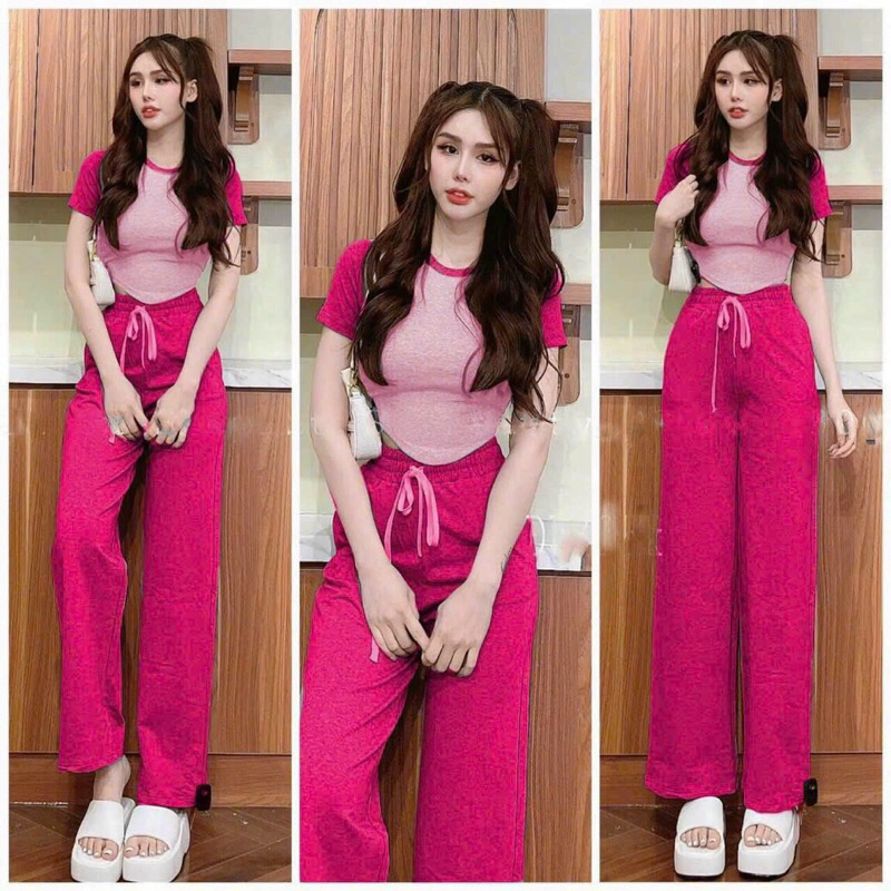 Set bộ thun gân , gân tăm áo crotop mix quần suông rộng _kem hinh thậ