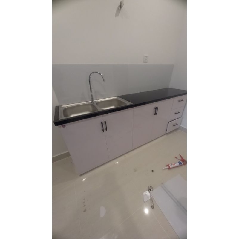 Tủ Bếp Cao Cấp Nhựa Đài Loan - 2 Bồn Rửa - Mặt dán gạch Đen,Sang Trọng - Bền Bỉ,Giá Rẻ - FREE Ship HCM