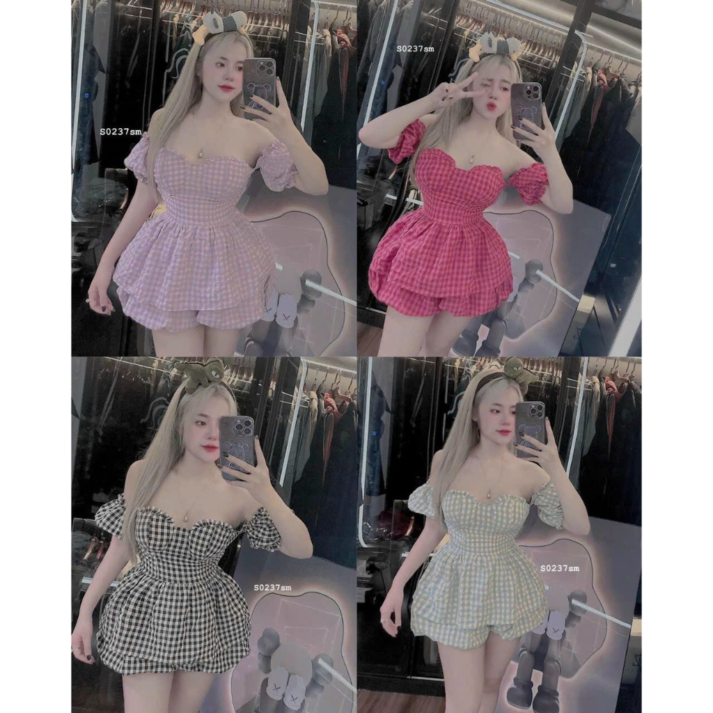 [5.5 Sales Freeship] Set bộ đùi cúp ngực caro tay phồng phối quần sooc đùi, set caro xòe tiểu thư trễ vai siêu xinh TH