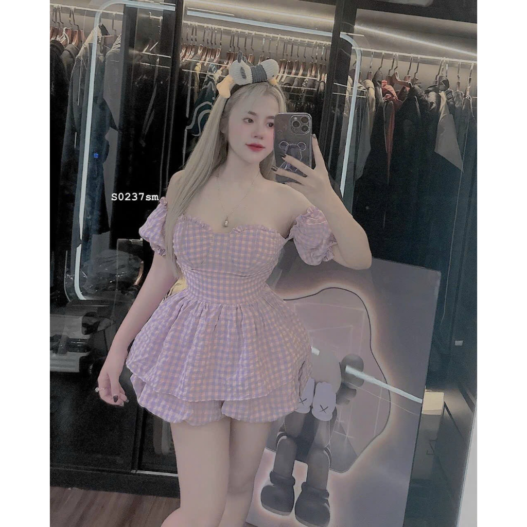 [5.5 Sales Freeship] Set bộ đùi cúp ngực caro tay phồng phối quần sooc đùi, set caro xòe tiểu thư trễ vai siêu xinh TH