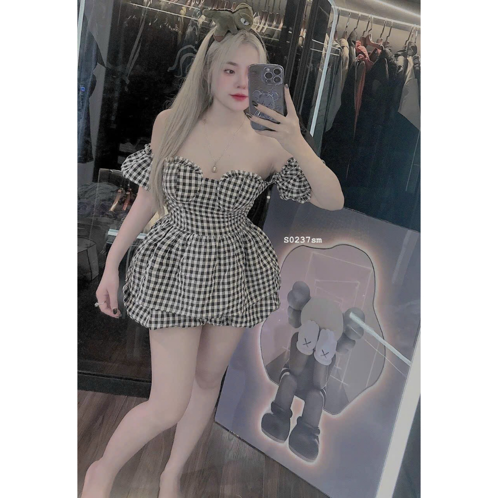 [5.5 Sales Freeship] Set bộ đùi cúp ngực caro tay phồng phối quần sooc đùi, set caro xòe tiểu thư trễ vai siêu xinh TH