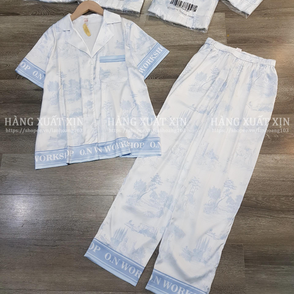 Bộ Pyjama lụa Vic quần dài họa tiết hoa xanh vải dư mềm mát