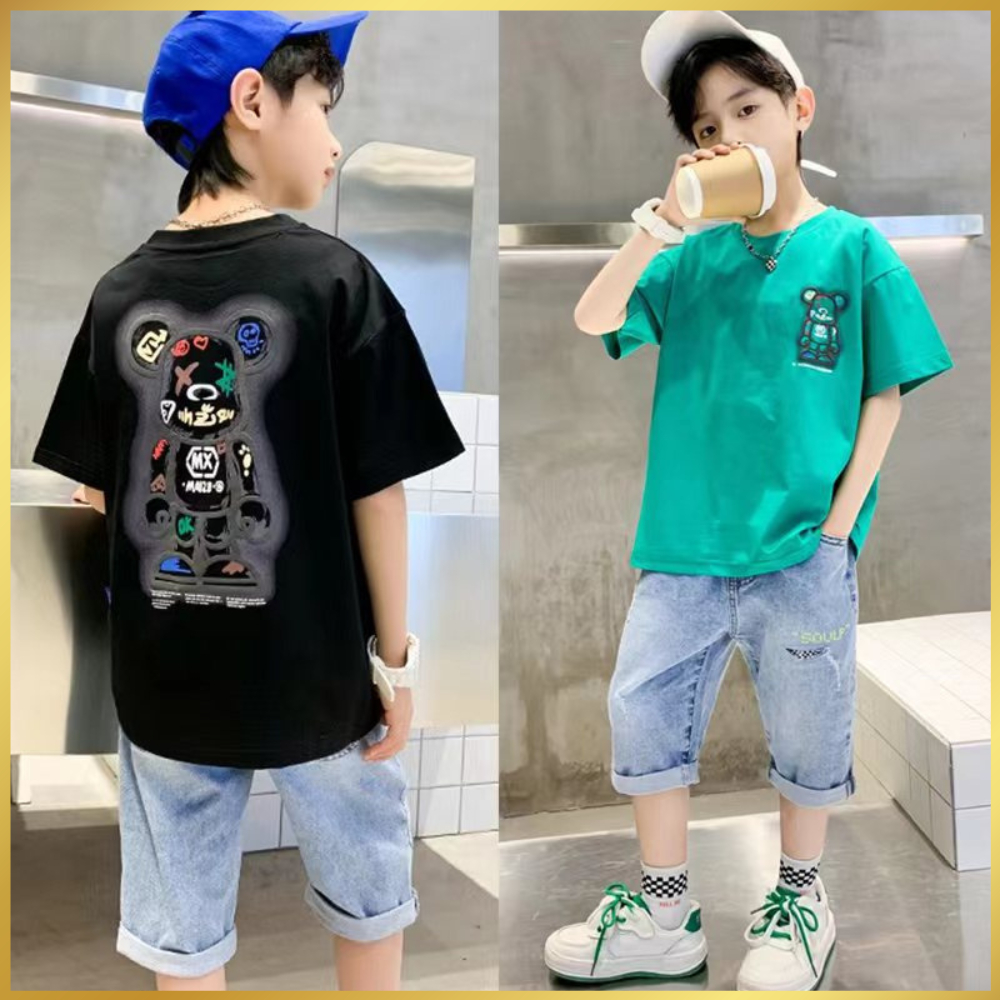 Đồ Bộ Bé Trai 25-47kg Cộc Tay kết hợp quần Jean In Hình Cá Tính phong cách Hàn Quốc set quần áo trẻ em 5-15 tuổi