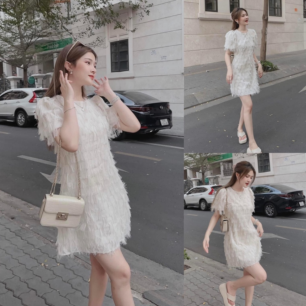 🌈40-65KG🌈 Đầm váy suông babydoll tay phồng lông vũ trắng kem lót lụa dự tiệc cao cấp đi biển giá rẻ đẹp bigsize