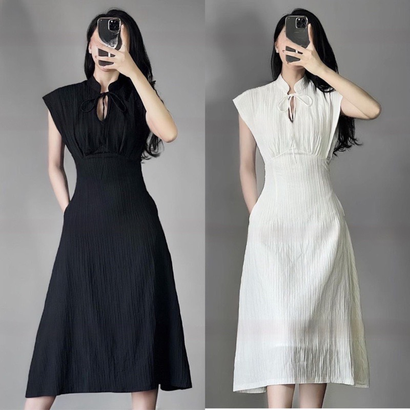 🖤40-65KG🖤 Đầm váy nữ maxi 🖤lụa gân🖤 cổ tàu bigsize trắng đen sát nách chiết eo lót lụa dự tiệc cao cấp đi biển giá rẻ