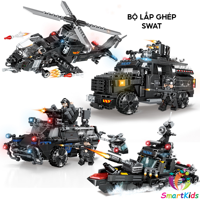 Bộ đồ chơi lắp ráp SWAT mô hình xe, máy bay trực thăng, tàu thủy gồm 400+ chi tiết
