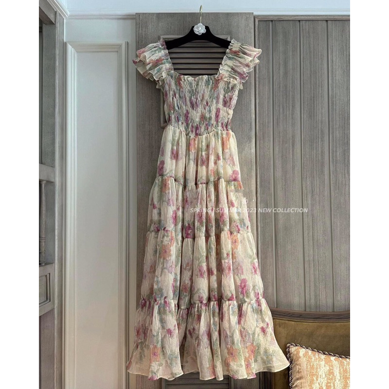 Váy maxi tơ nhún cánh tiên chun eo dập ly, hàng thiết kế cao cấp