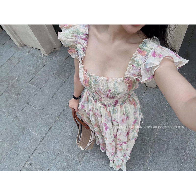 Váy maxi tơ nhún cánh tiên chun eo dập ly, hàng thiết kế cao cấp