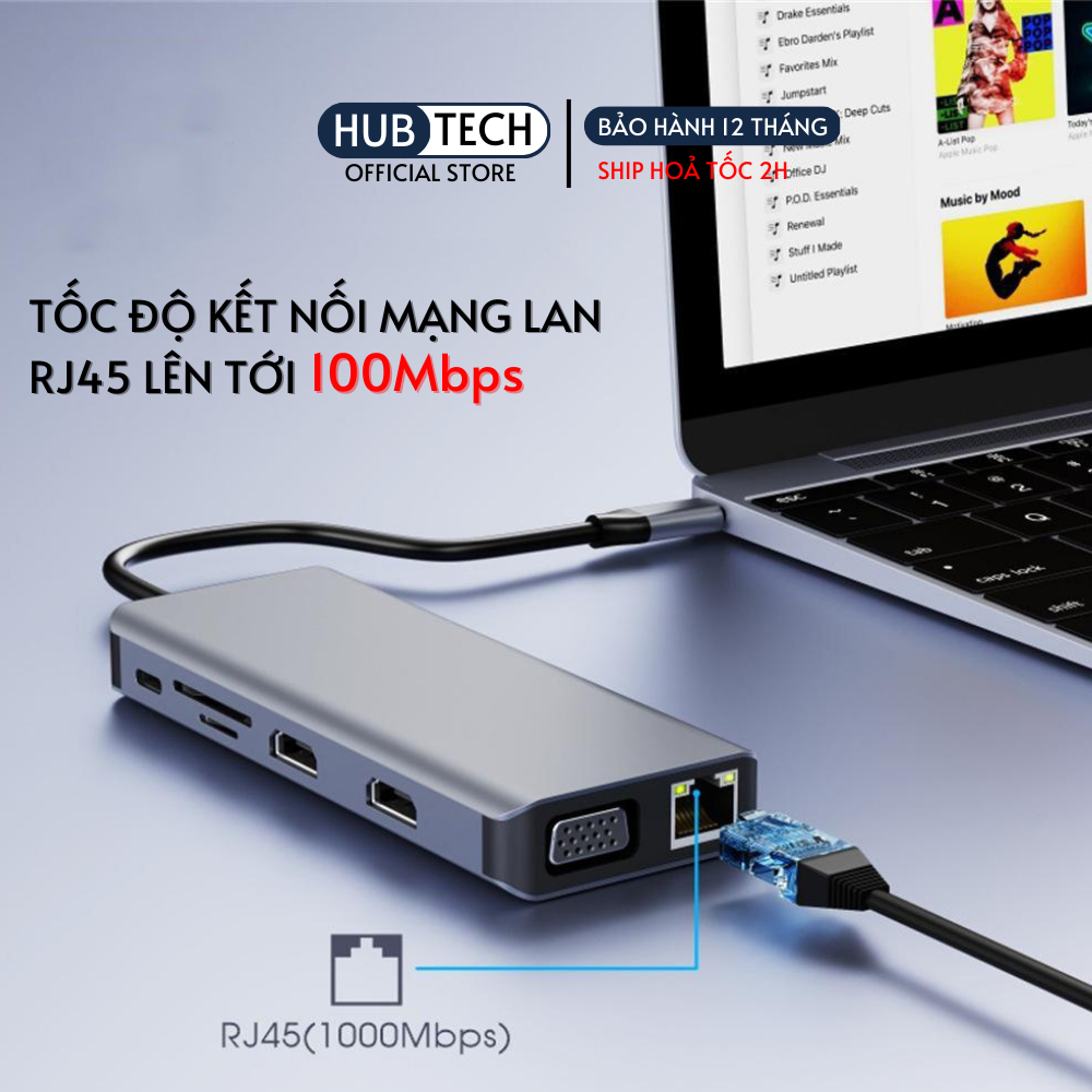 Hub type c 9 in 1 tích hợp sạc không dây 15W HDMI VGA RJ45 Jack 3.5 PD dành cho laptop điện thoại thunderbolt 3 /4