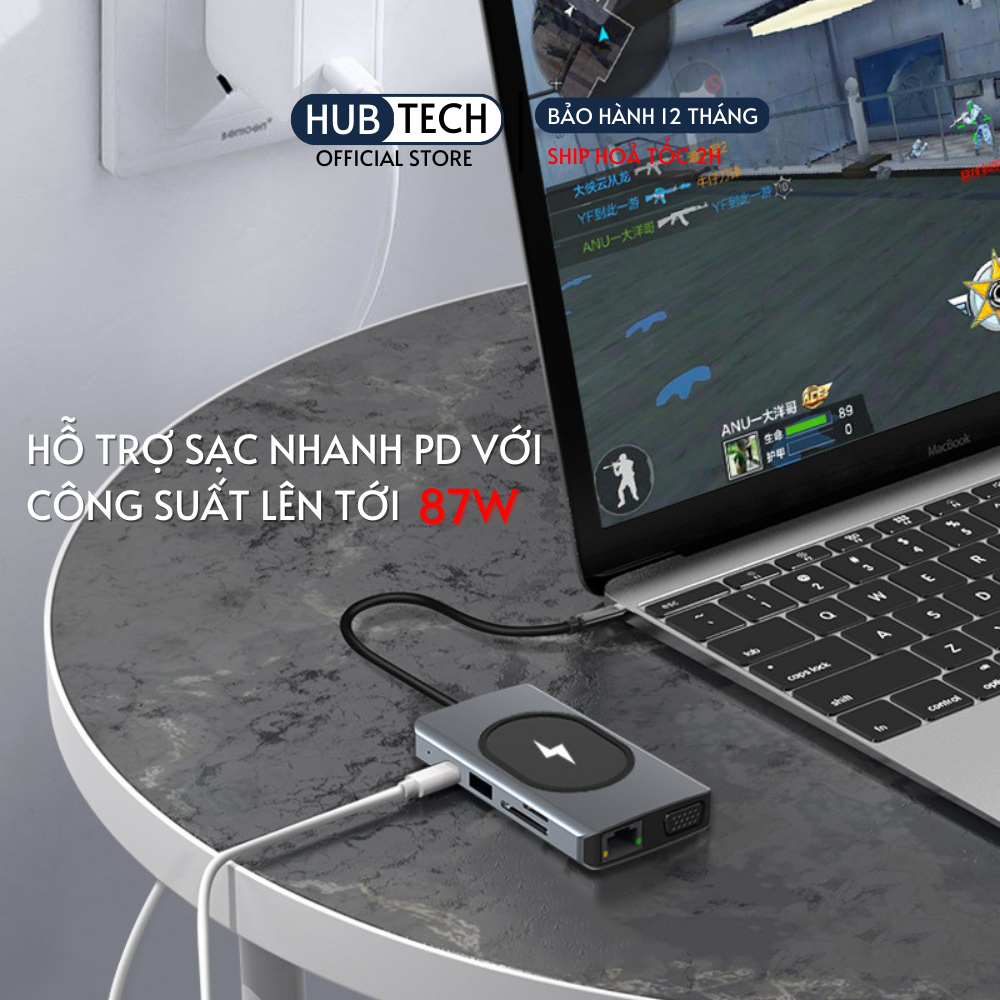 Hub type c 9 in 1 tích hợp sạc không dây 15W HDMI VGA RJ45 Jack 3.5 PD dành cho laptop điện thoại thunderbolt 3 /4