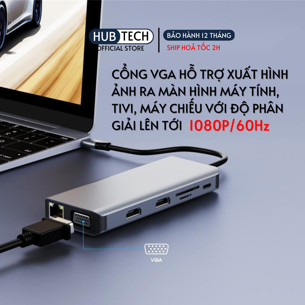 Hub type c 9 in 1 tích hợp sạc không dây 15W HDMI VGA RJ45 Jack 3.5 PD dành cho laptop điện thoại thunderbolt 3 /4