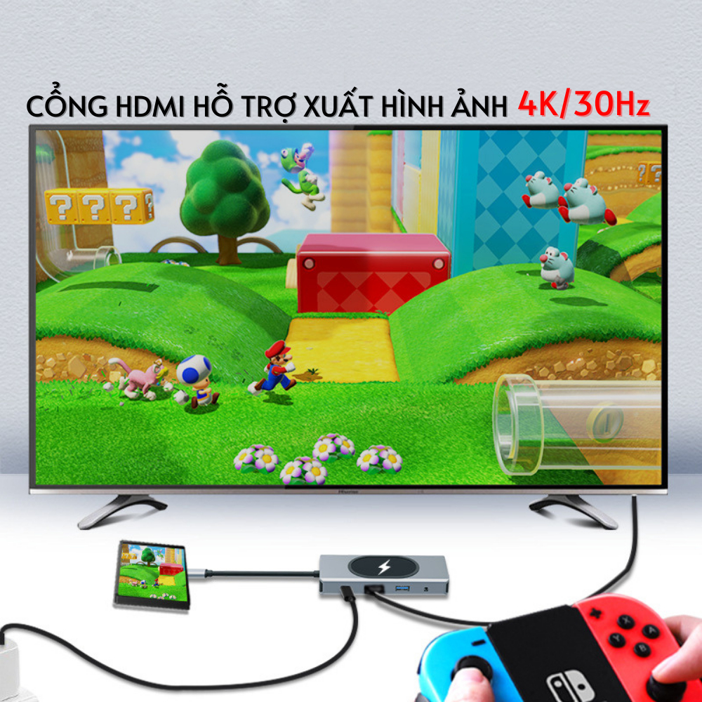 Hub type c 9 in 1 tích hợp sạc không dây 15W HDMI VGA RJ45 Jack 3.5 PD dành cho laptop điện thoại thunderbolt 3 /4