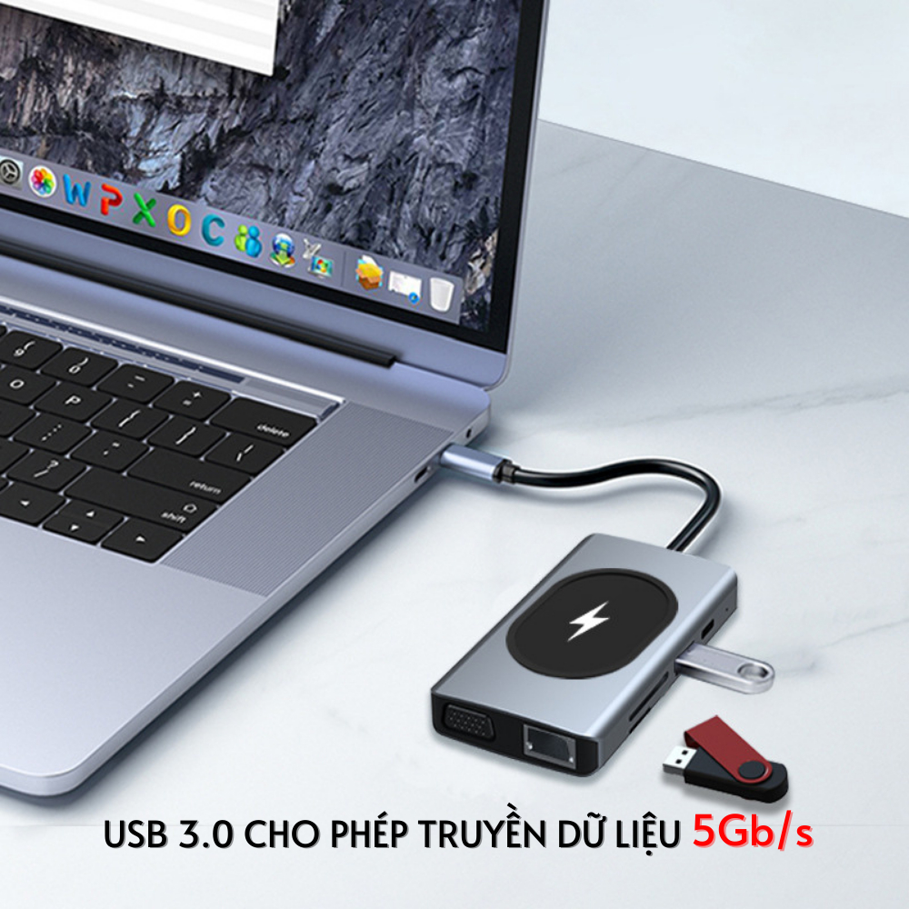 Hub type c 9 in 1 tích hợp sạc không dây 15W HDMI VGA RJ45 Jack 3.5 PD dành cho laptop điện thoại thunderbolt 3 /4