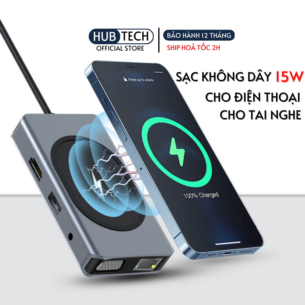 Hub type c 9 in 1 tích hợp sạc không dây 15W HDMI VGA RJ45 Jack 3.5 PD dành cho laptop điện thoại thunderbolt 3 /4
