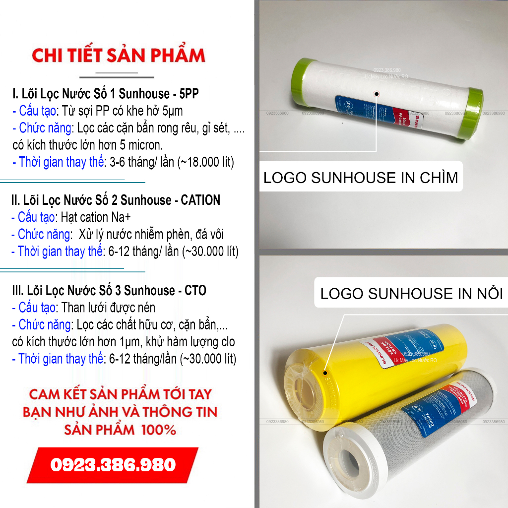 Bộ 3 lõi lọc nước 123 Cation Sunhouse lọc nước nhiễm phèn, đá vôi, clo,...