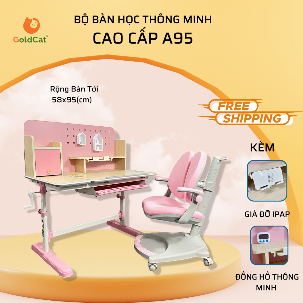 Bàn ghế thông minh cho bé chống gù chống cận cao cấp GoldCat A95 | Tặng kèm đồng hồ, giá kệ Ipad