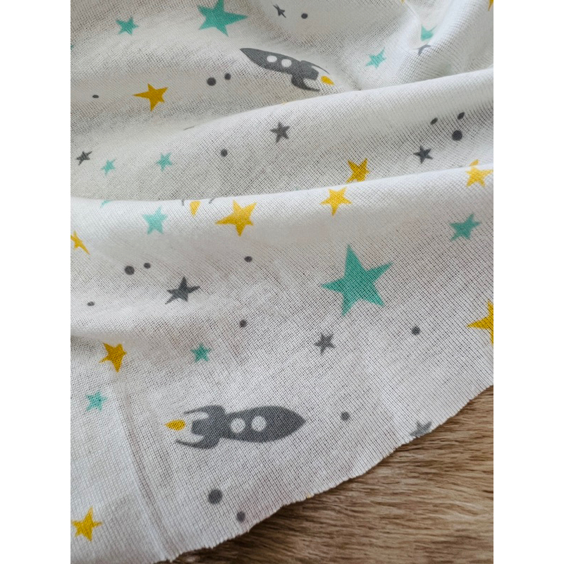Vải thun cotton borip sơ sinh hoạ tiết tên lửa và ngôi sao