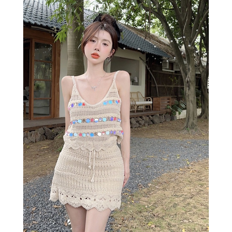 ( ORDER ) Set Len Áo 2 Dây Đính Kim Sa & Chân Váy Ngắn Phối Bèo Vintage