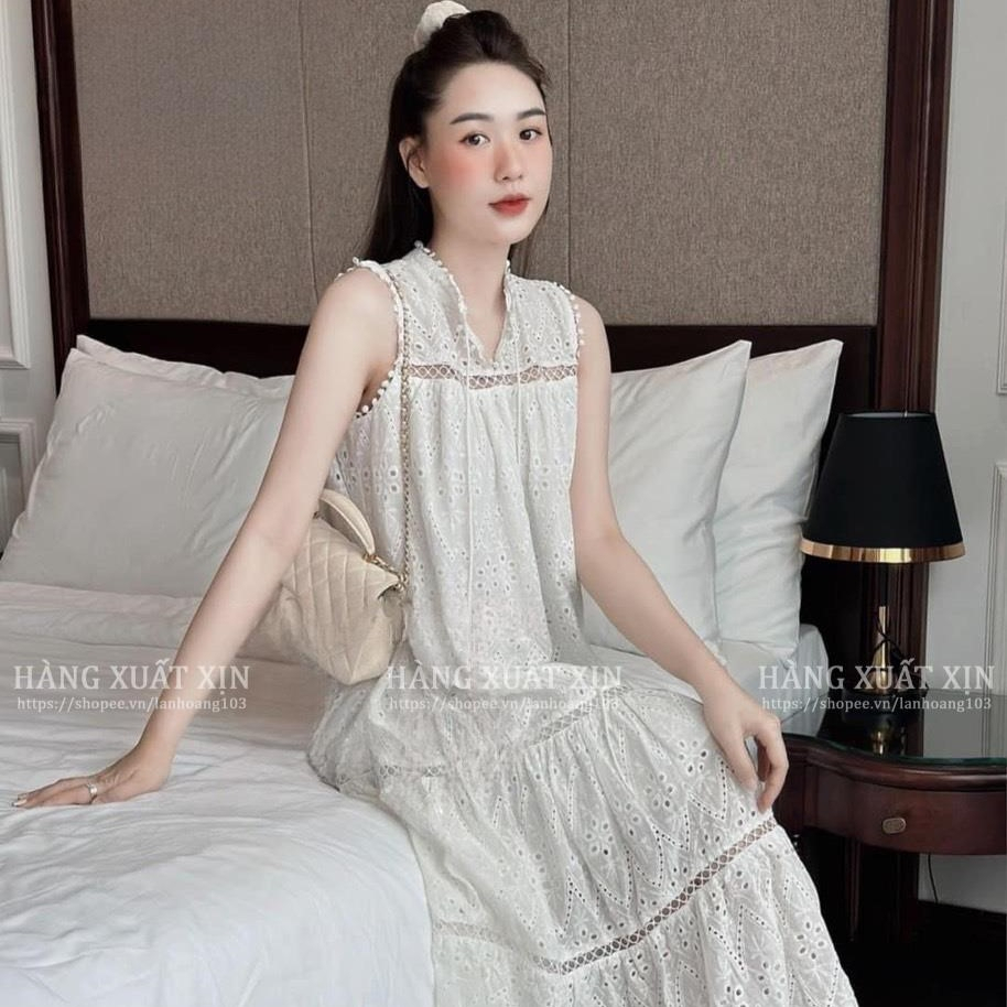 Váy ren trắng VERO MODA cộc tay dáng midi vải ren siêu đẹp váy ren váy công sở cổ sơ mi