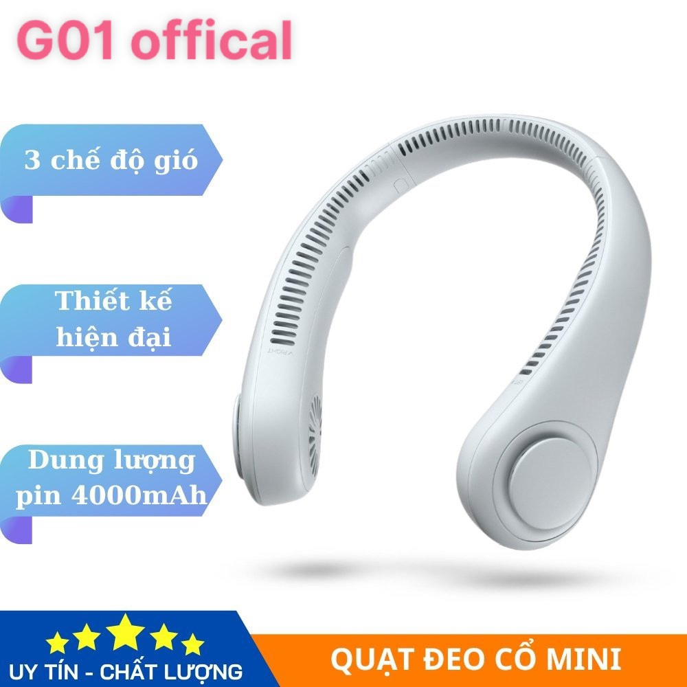 Quạt đeo cổ không cánh G01 3 tốc độ 4000mah mini làm mát cực tốt gọng dẻo đa năng có báo pin cổng sạc usb tiện lợi 2023