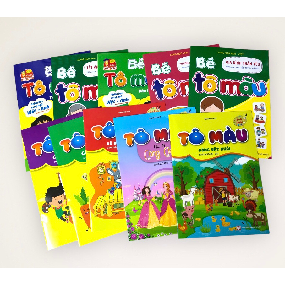 Combo 10 Quyển Tranh Tô Màu Quang Huy Song Ngữ Anh-Việt, 10 Chủ Đề Đa Dạng, Vở in hình tập tô cho bé vui chơi Sáng Tạo