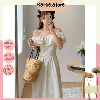 Đầm váy nữ trễ vai màu trắng dáng dài phong cách nhẹ nhàng