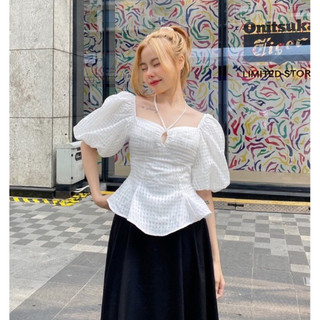 Áo peplum caro trắng cột dây cổ thanh lịch