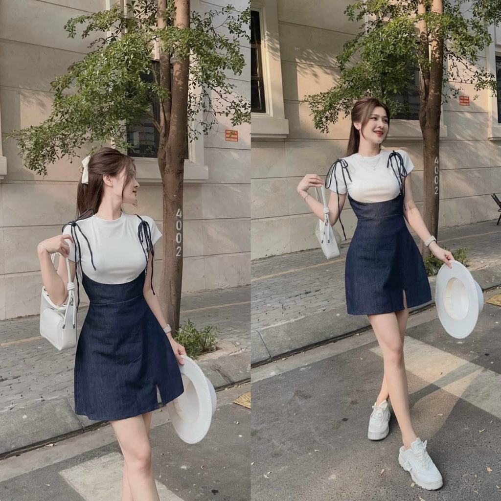 Set yếm jean cột dây vai siêu dễ thương mix áo borip với 2 tone màu tôn dáng, thích hợp cho các nàng dự tiệc, đi dạo phố