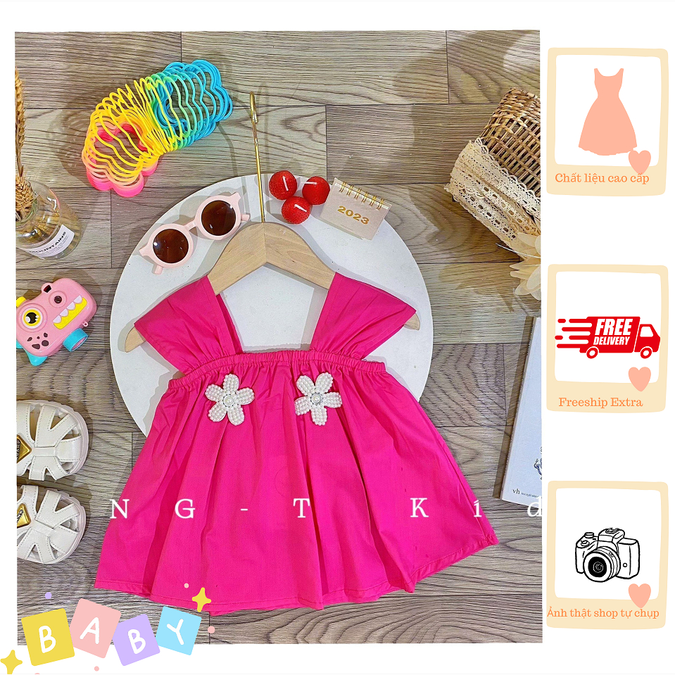 💕VÁY HAI DÂY CHO BÉ GÁI CÓ ĐÍNH HOA NGỌC CỰC XINH HÈ 2023 SIZE TỪ 10-20KG💕